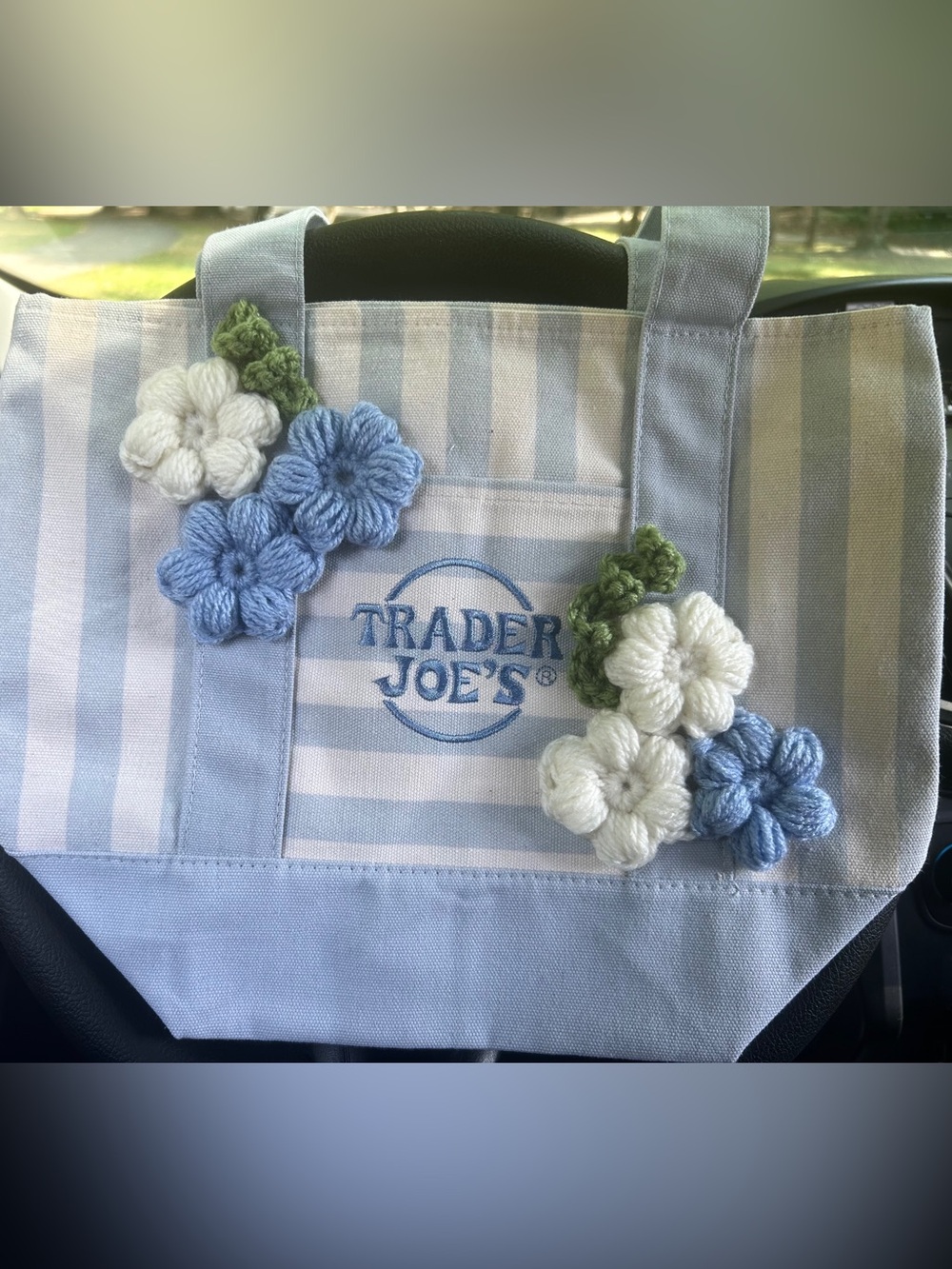 Trader Joe's Striped Canvas Tote with Handmade Crochet Flowers